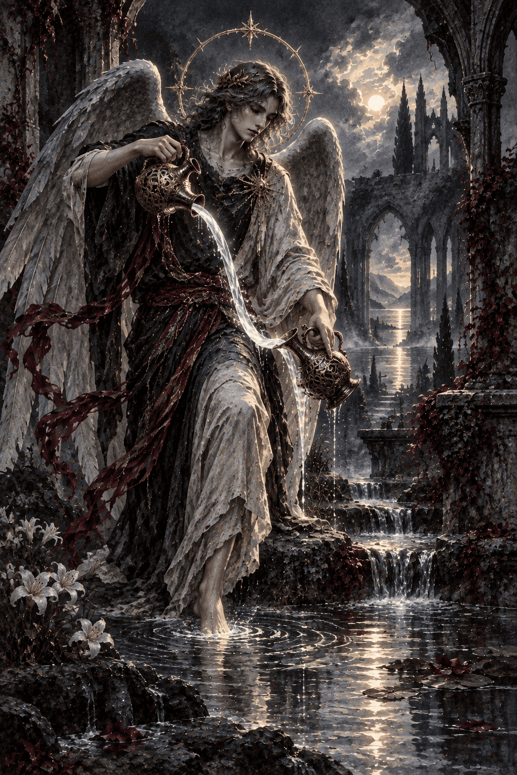 An androgynous winged figure pouring a continuous ribbon of luminous water between two antique vessels, one bare foot in a stream and the other on stone, twilight monastery garden.