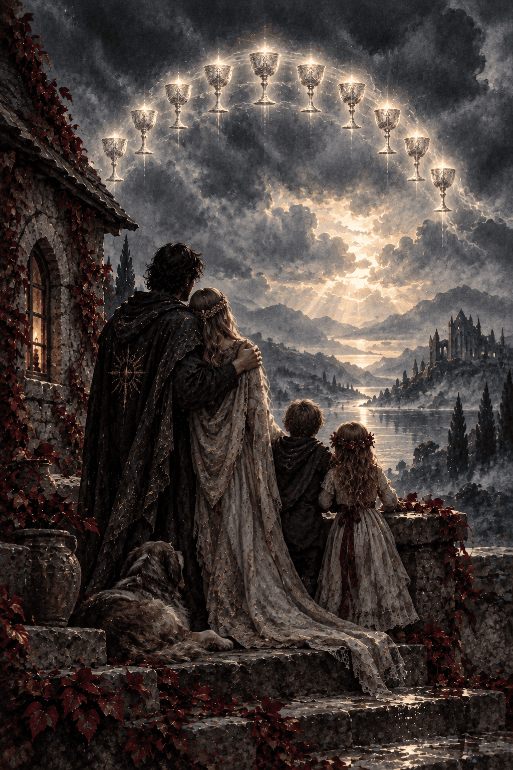 Two adult companions and two children beside a small stone home, looking toward an arc of exactly ten luminous silver chalices spanning a storm-cleared sky, deep shared belonging.