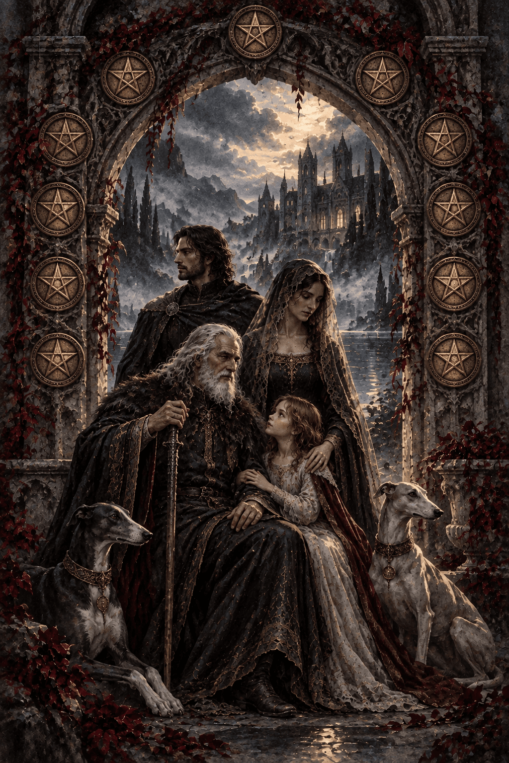 Three generations gathered with two hounds under a weathered manor arch, exactly ten gold pentacle medallions woven through the carved gateway, an elderly guardian in foreground, continuity and legacy.