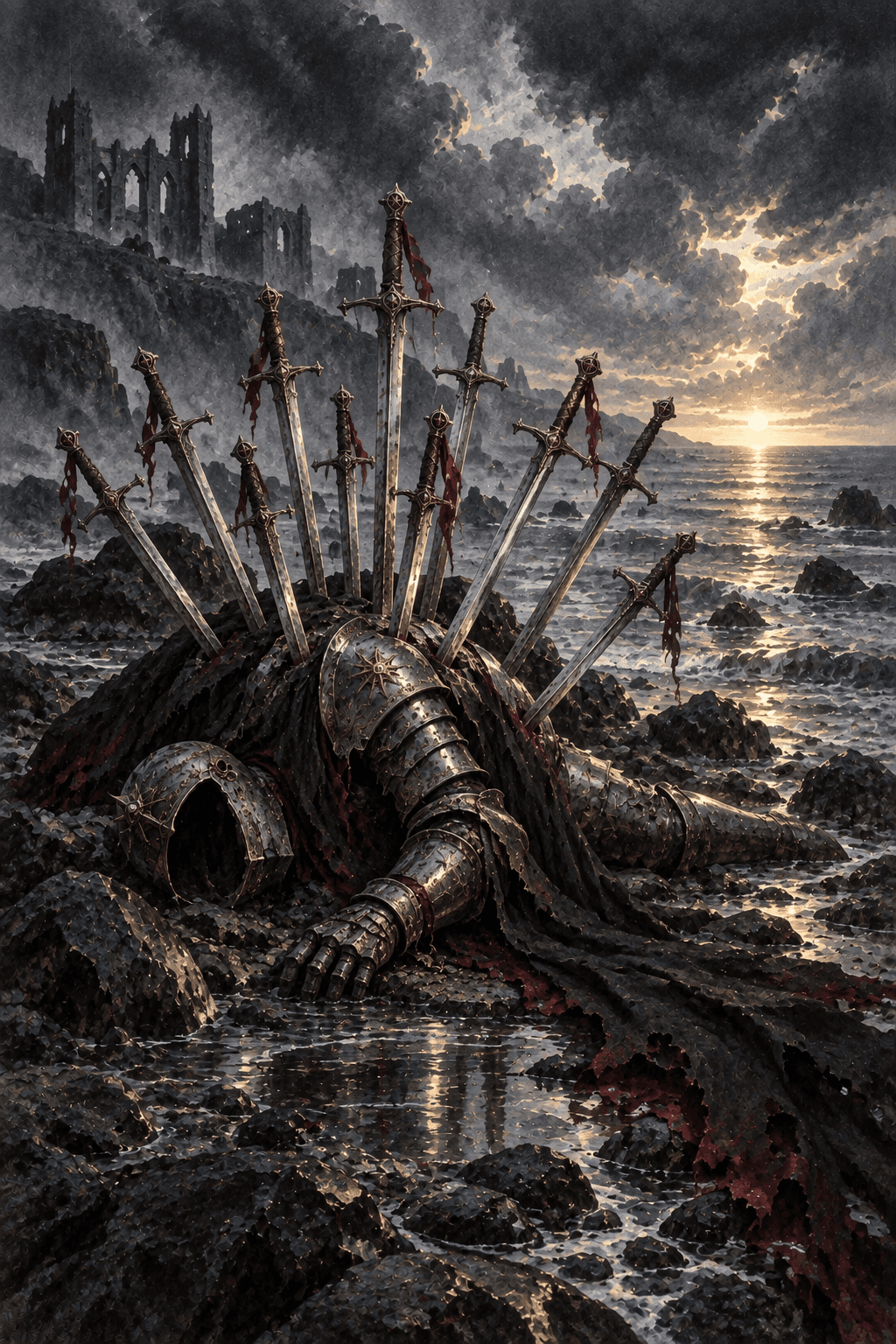 A fallen empty suit of armor pierced by exactly ten silver swords on a desolate shore, torn black cloak spread across stones, a thin golden dawn on the horizon, no body or gore.