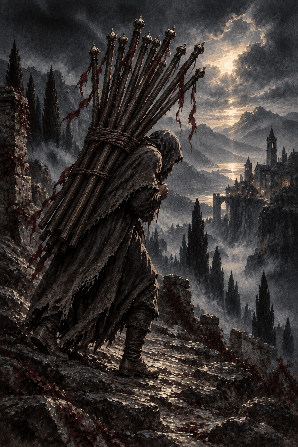 A cloaked laborer bent under a bundle of exactly ten long wooden staffs along a steep path toward a distant stone village, long ash-gray dusk shadows, oppressive weight.