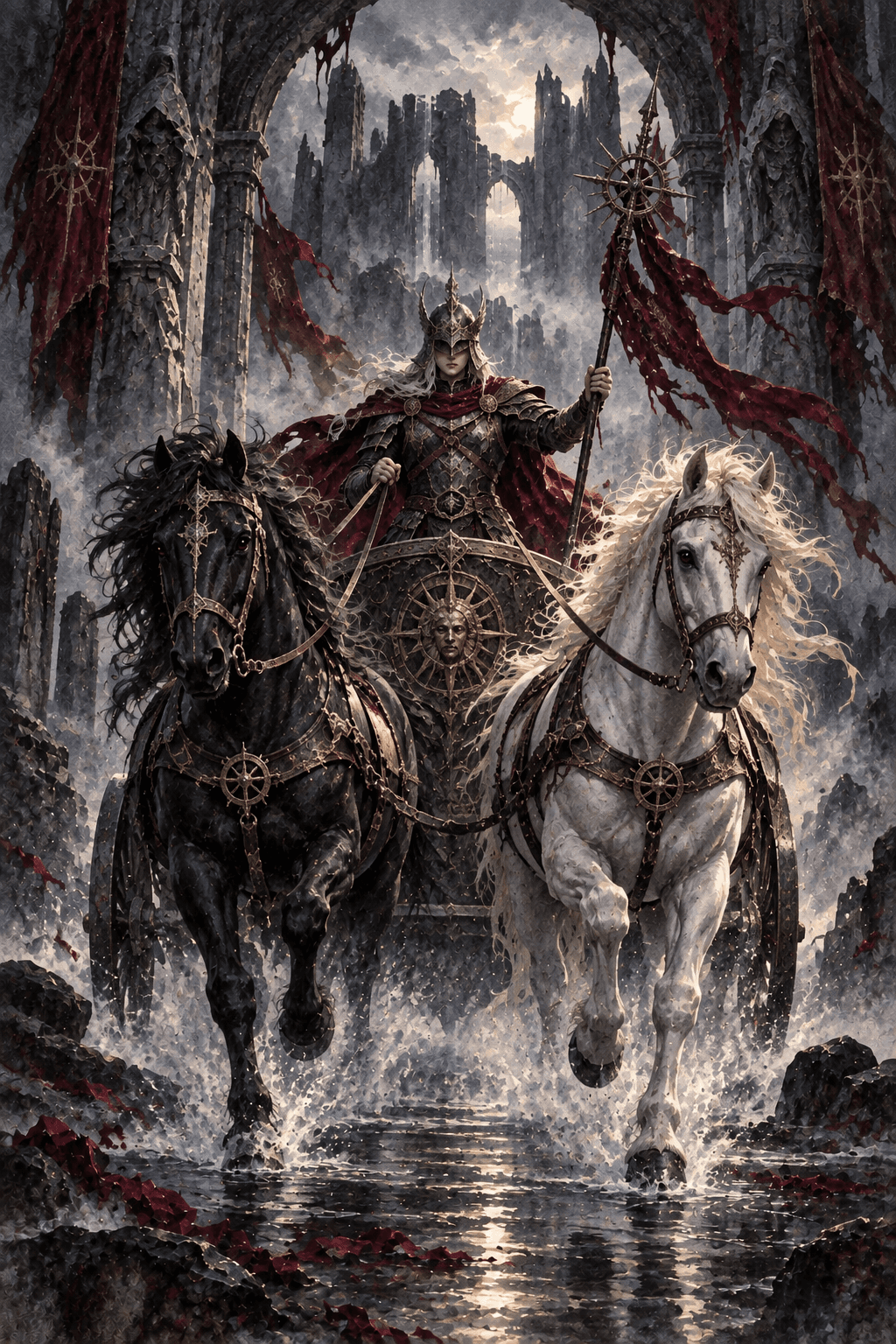 An armored charioteer guiding a black and ivory pair of spectral horses through the gate of a ruined citadel, storm-tossed banners, strong forward motion, cold silver light.