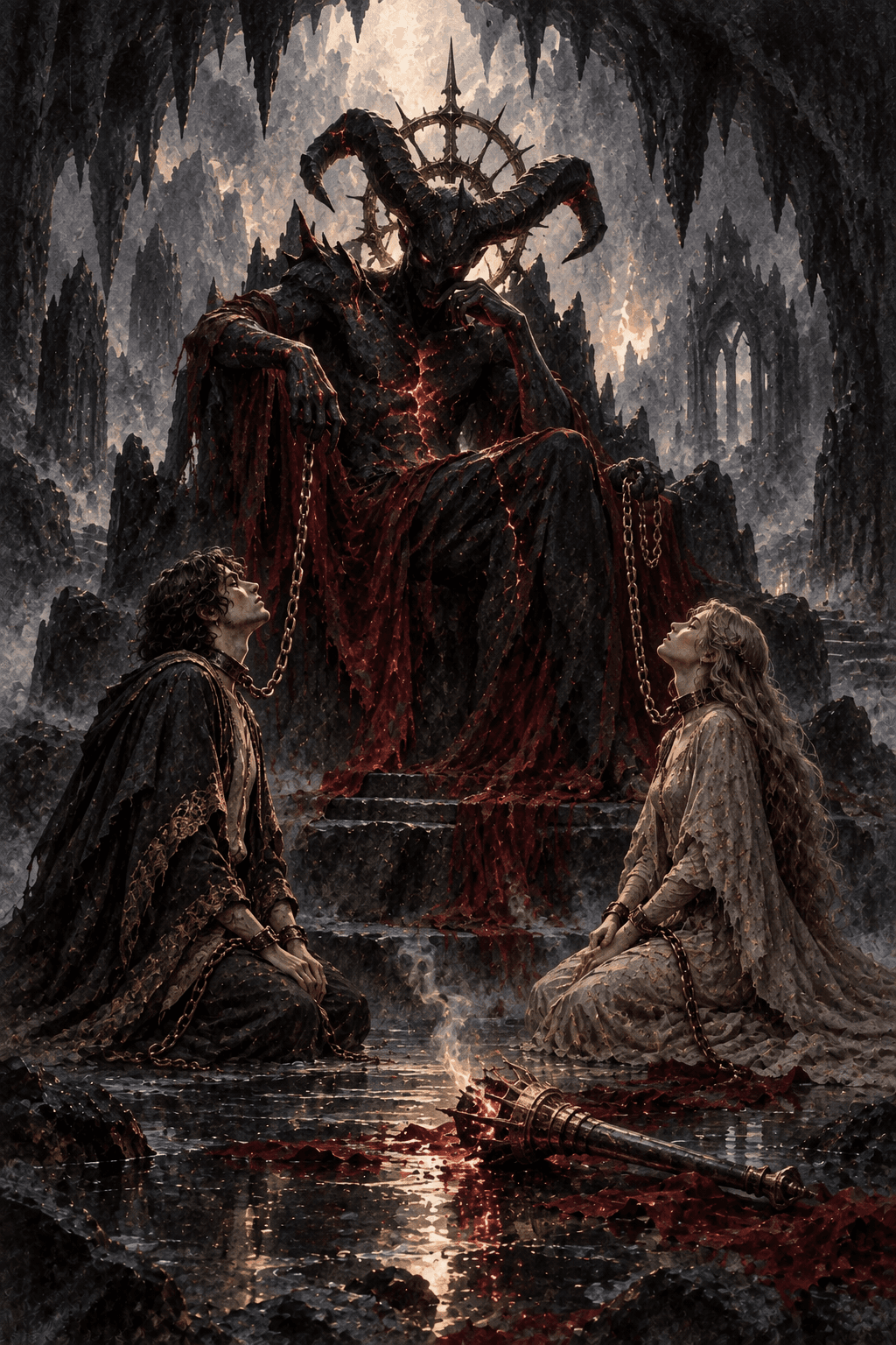 An imposing horned shadow creature enthroned in a cavern, two fully clothed adult figures wearing loose chains they could remove, ember-lit obsidian, a fallen torch; entrapment and the possibility of choice.
