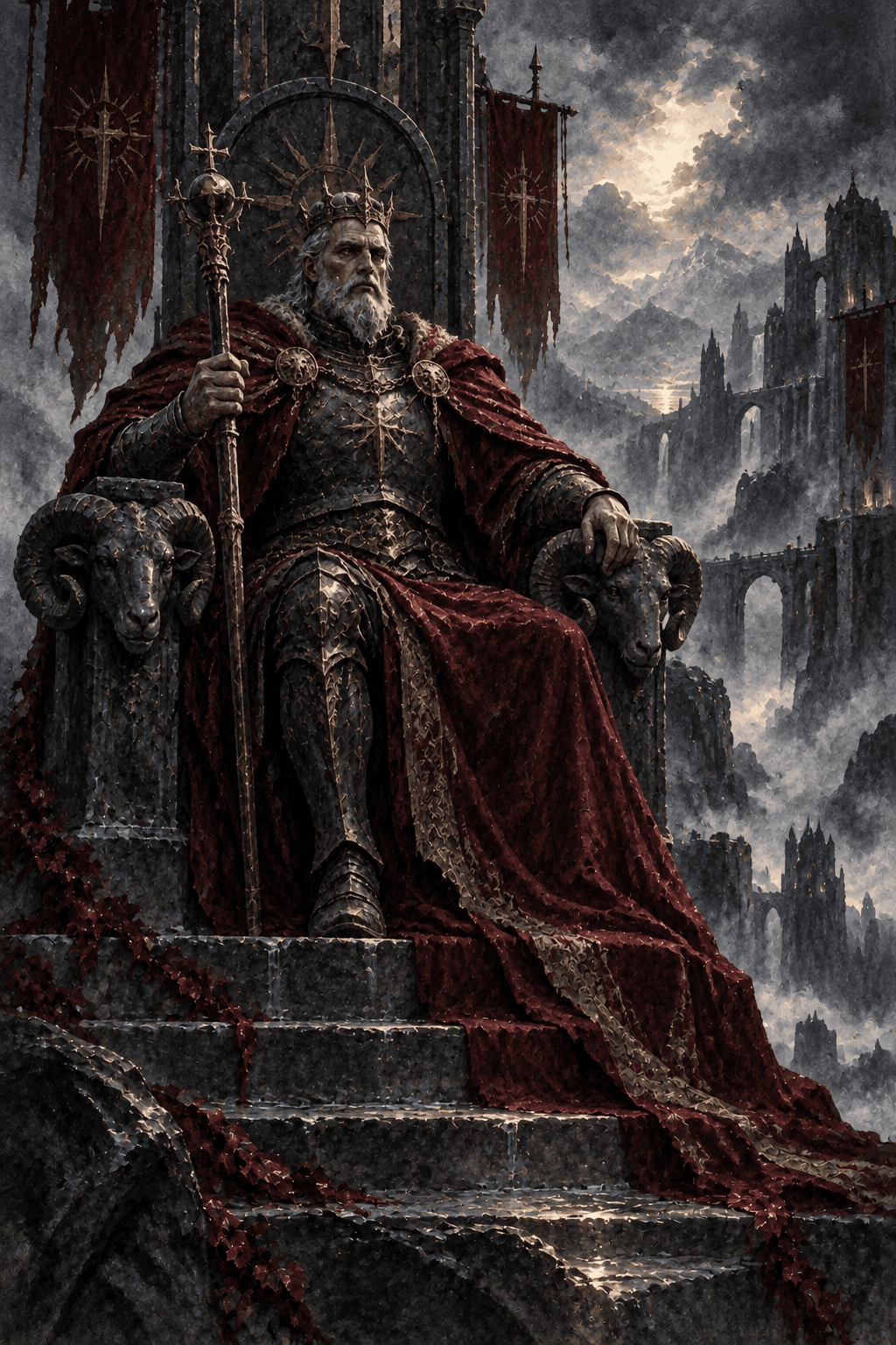 An imposing older armored ruler seated on a ram-carved black stone throne high above a mountain fortress, crimson cloak, upright scepter and stern composed face; order and authority.