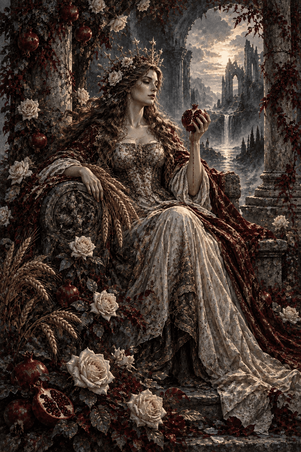 A crowned empress in a flowing embroidered gown seated in a wild garden overtaking a ruined palace, ripe pomegranates and wheat, luminous ivory roses growing from dark earth; fecundity and nurturing.