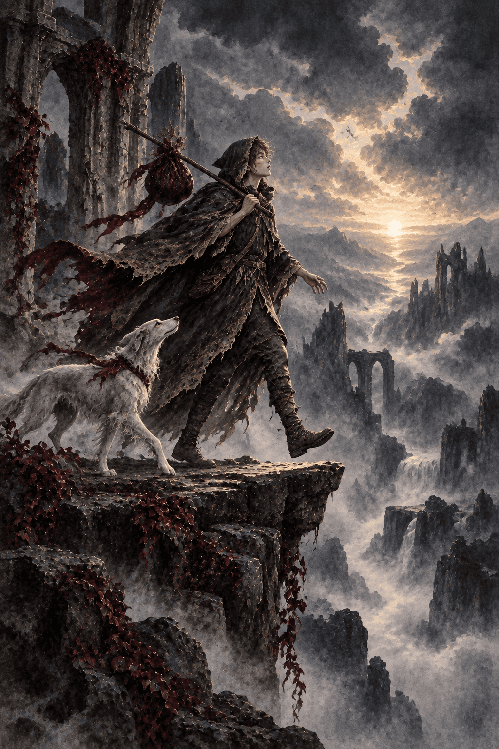 A young cloaked wanderer with a small travel bundle and a white hound stepping toward the edge of a crumbling mountain causeway, immense misty abyss below, faint dawn opening through storm clouds; innocent beginnings and risk.