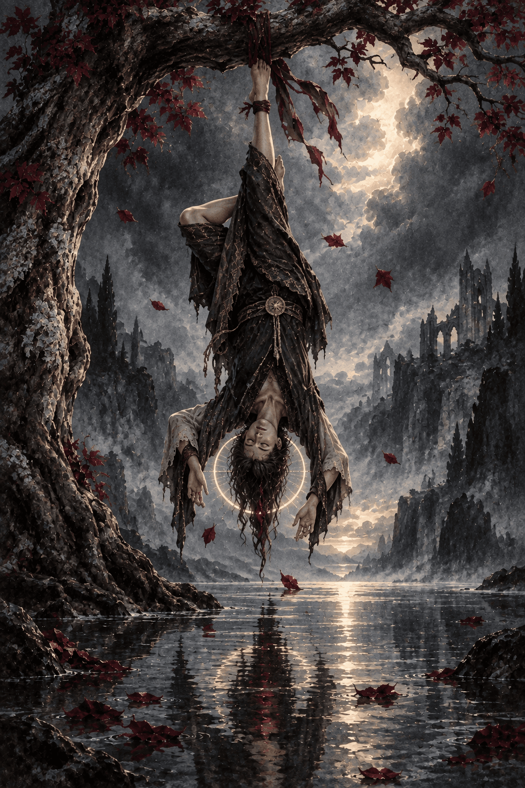 A serene cloaked adult hanging upside down by one ankle from a living ash tree over still water, free leg bent, soft halo around the head, no injury, leaves and reflections suggesting a changed perspective.