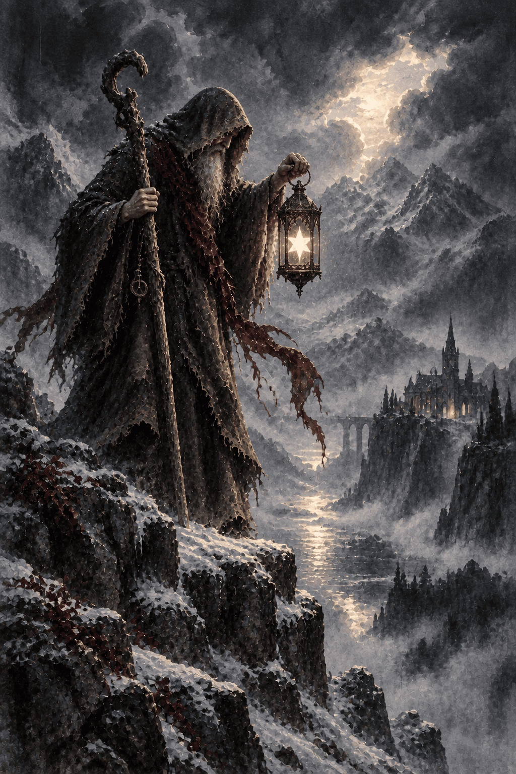 A lone aged hooded pilgrim atop a snowy cliff holding a lantern with a small brilliant six-pointed star, crooked staff, tiny distant monastery in the fog; silence and inward guidance.
