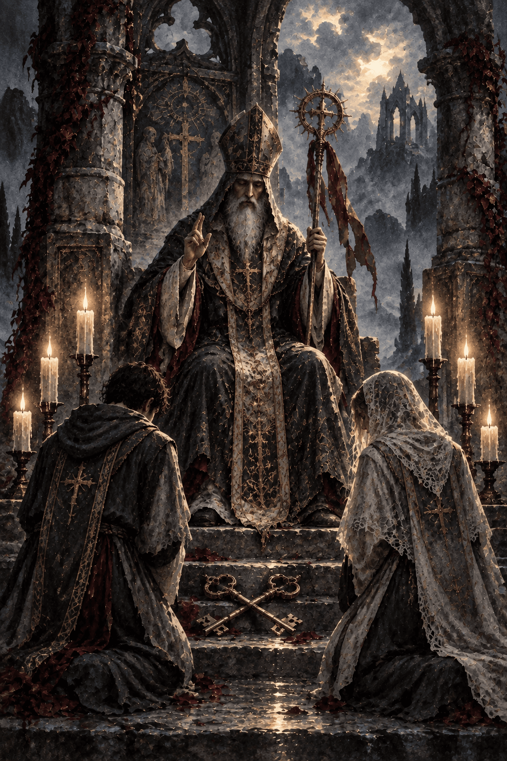 A solemn elder teacher in tarnished ceremonial robes beneath a broken cathedral apse, two kneeling apprentices, crossed antique keys on the steps, five candles illuminating ancient carved teachings.
