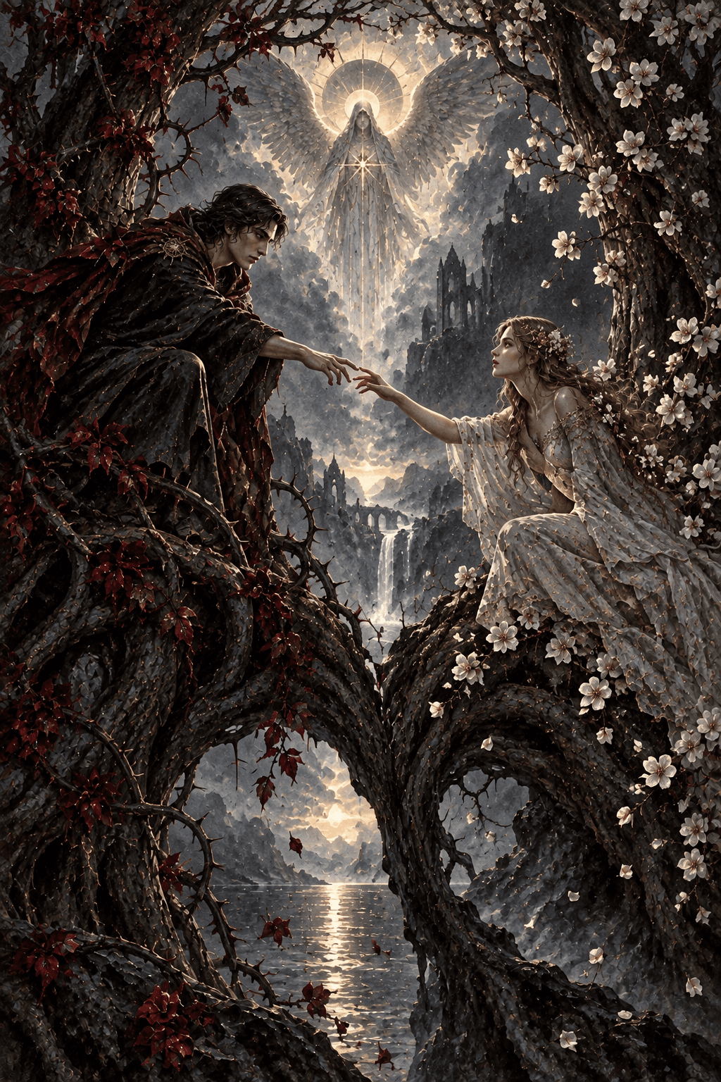 Two adult lovers reach toward one another across the split roots of an ancient tree, one side blossoms and one side thorns, a luminous winged presence high in the mist; intimate connection and consequential choice.