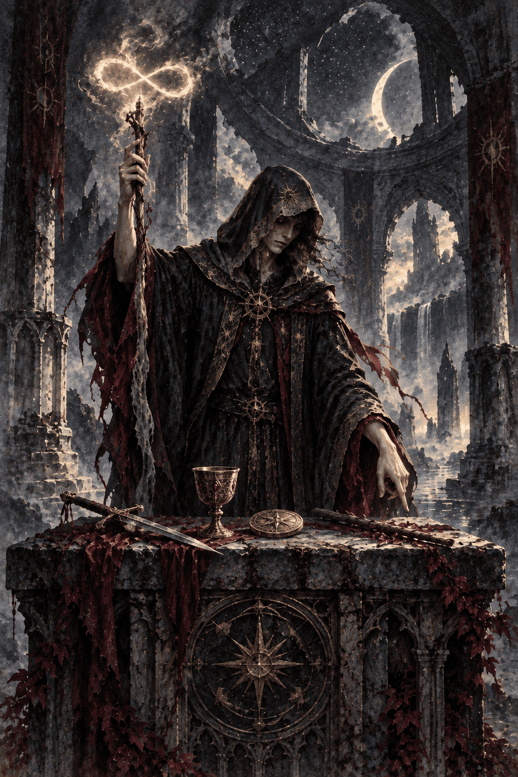 An intent sorcerer at a weathered altar bearing a sword, chalice, coin and wooden wand; one hand raises a slender staff toward a small infinity of pale fire, the other points to the earth, ruined vaulted observatory.