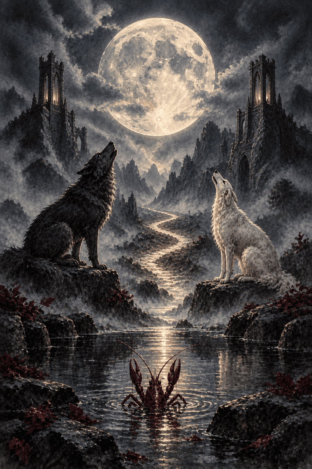 An enormous pale moon above two distant watchtowers, a winding path between a dark wolf and a pale hound, a small crayfish emerging from a black pool in the foreground, uneasy silver fog.