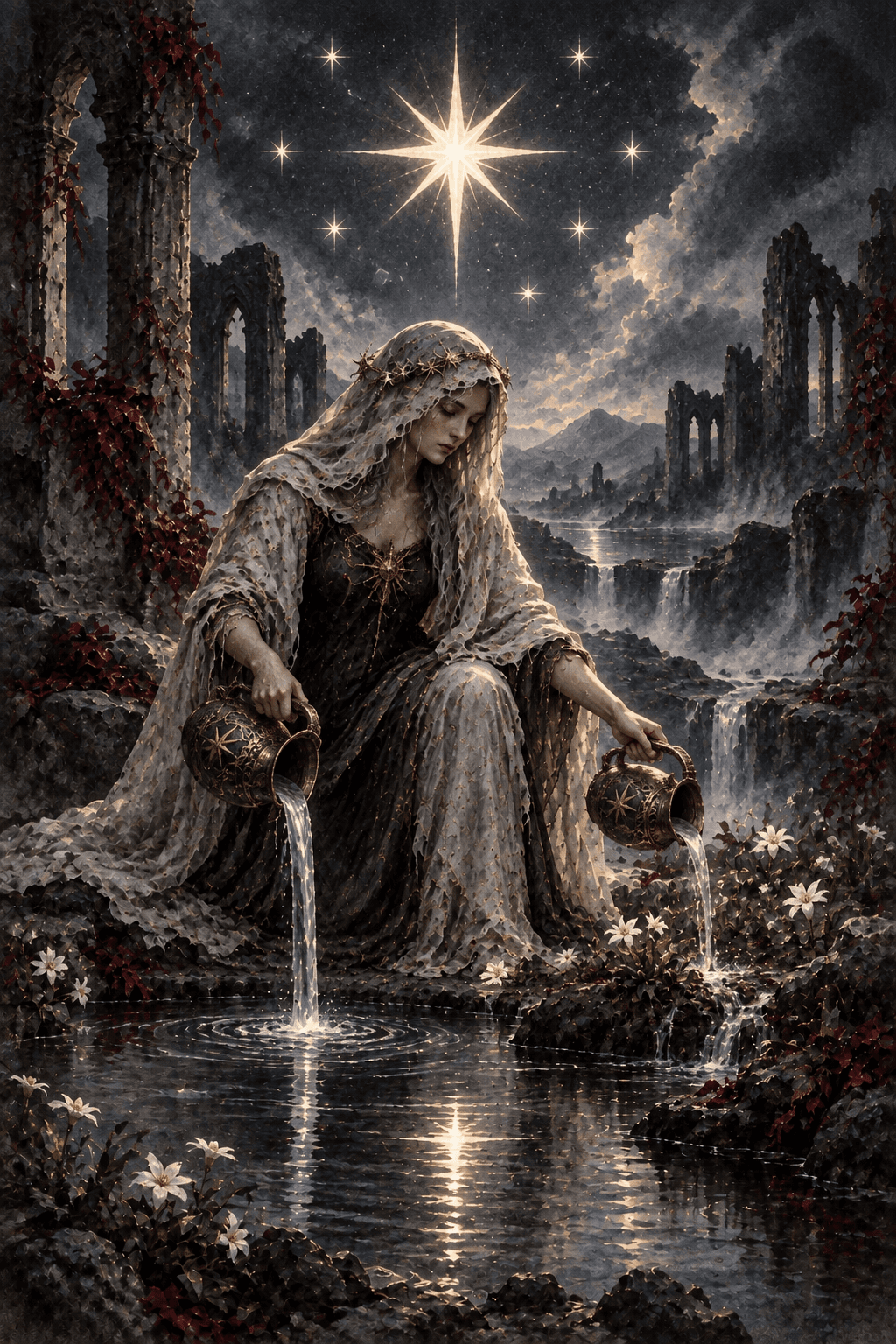 A robed woman kneeling beside a still pool beneath one brilliant eight-pointed star and seven small stars, pouring water from two pitchers onto the earth and into the pool, delicate new white flowers in a ruined landscape.