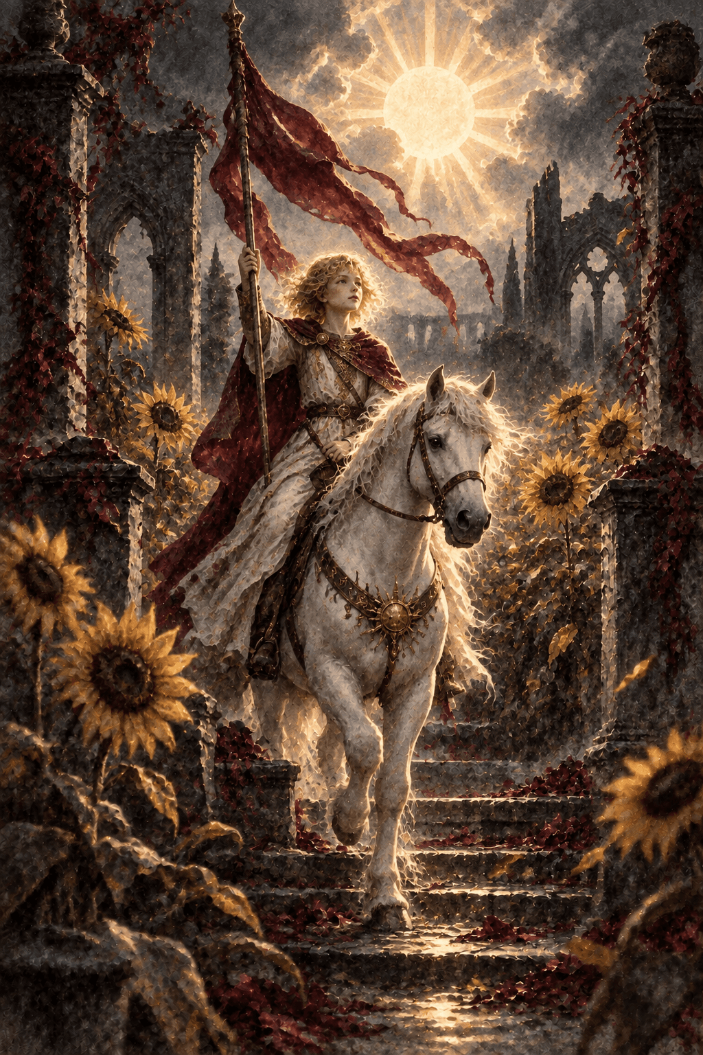 A radiant pale-gold sun breaking over a ruined walled garden of tall sunflowers, a youthful fully clothed rider on a white pony holding a soft crimson banner, warmth and clear hope within a dark fantasy world.