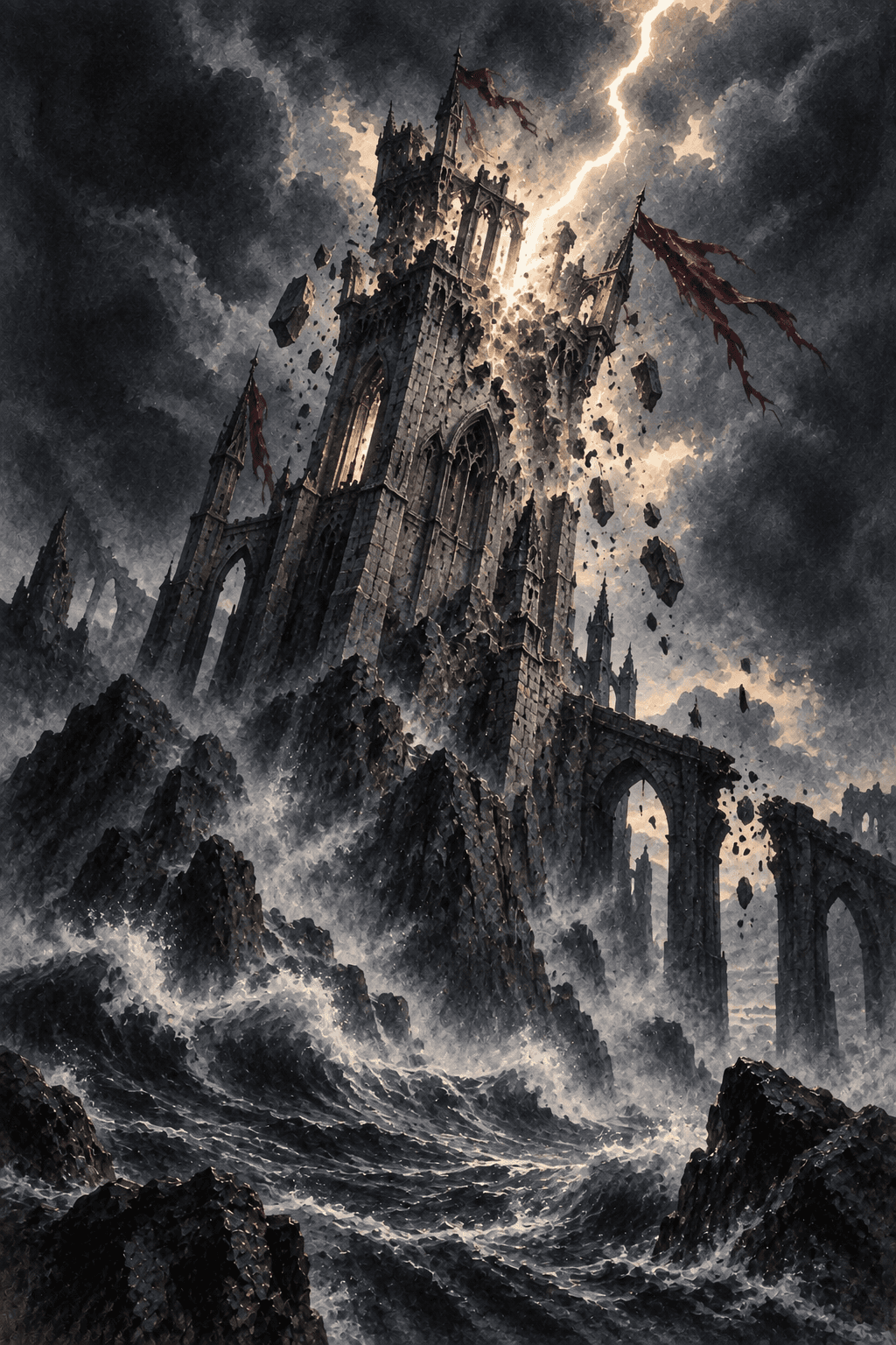 A tall gothic fortress struck by a blinding bolt of lightning, its crown of stone breaking apart, falling masonry and whipping banners above a black sea, dramatically tilted perspective.