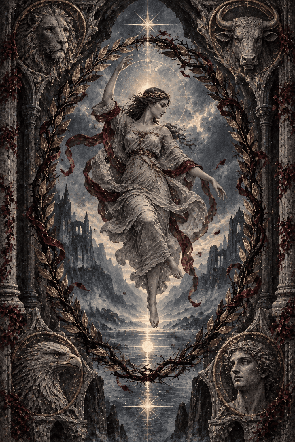 A graceful fully clothed dancer suspended within an immense oval wreath of intertwined laurel and thorn, a lion, bull, eagle and human face carved at the four corners of an ancient cosmic gateway; completion.