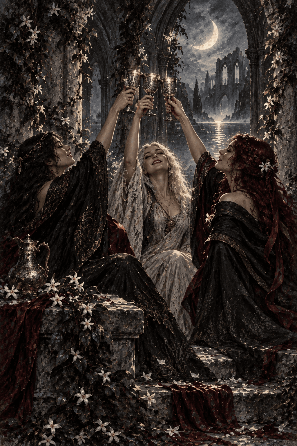 Three adult friends lifting exactly three silver chalices in a toast within a moonlit overgrown cloister, rich dark cloaks, small pale flowers, intimate celebration.