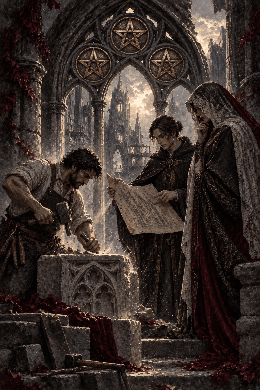 A stone mason working with an architect and a cloaked patron beneath a gothic arch inset with exactly three gold pentacle medallions, tools and plans, luminous dust and collaboration.