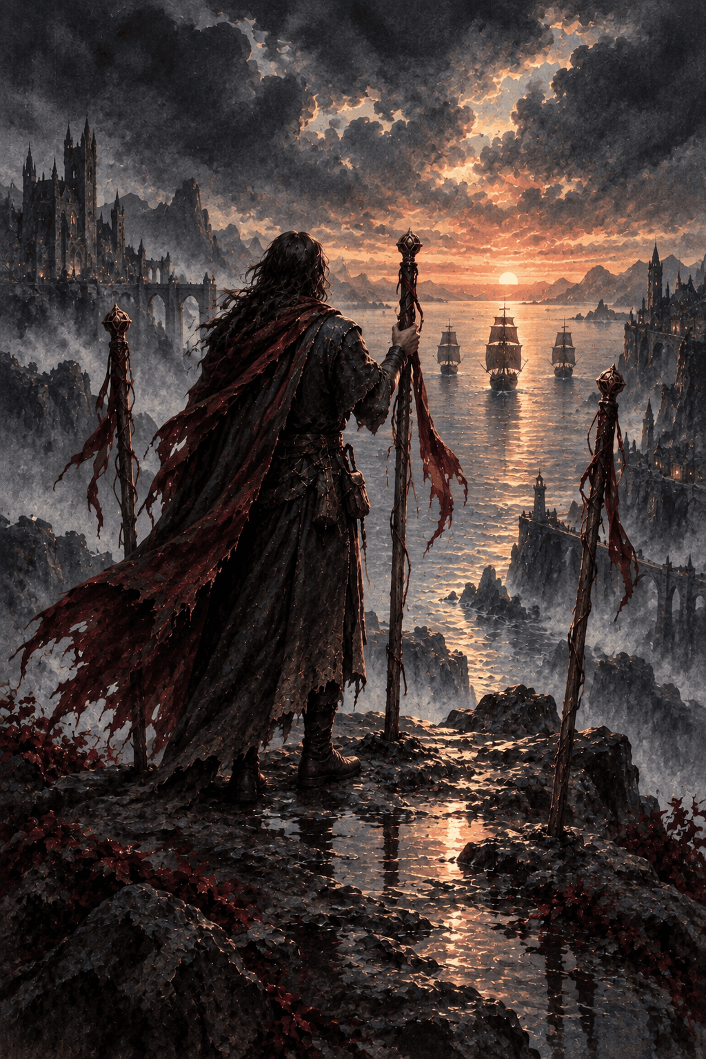 A traveler seen from behind on a cliff with exactly three planted wooden staffs, watching three distant sailing ships leave a gothic harbor at ember-colored dawn.