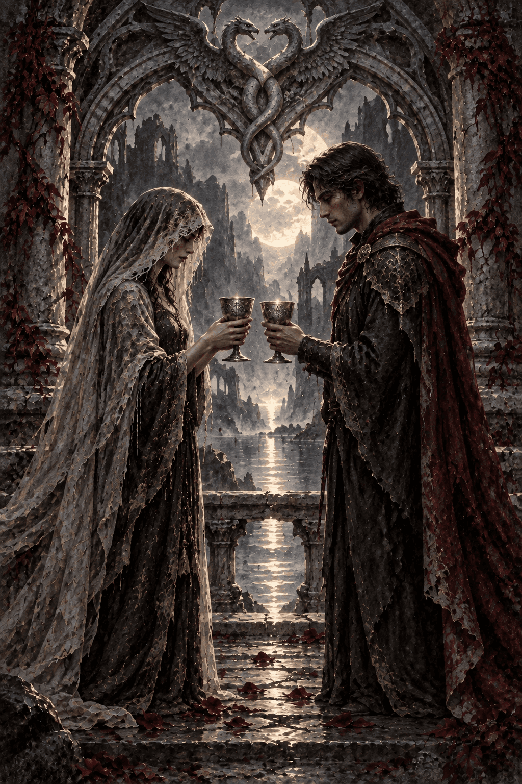 Two adult figures facing each other on a ruined bridge gently exchange exactly two silver chalices, intertwined winged serpents carved on the arch behind them, reciprocal tenderness.
