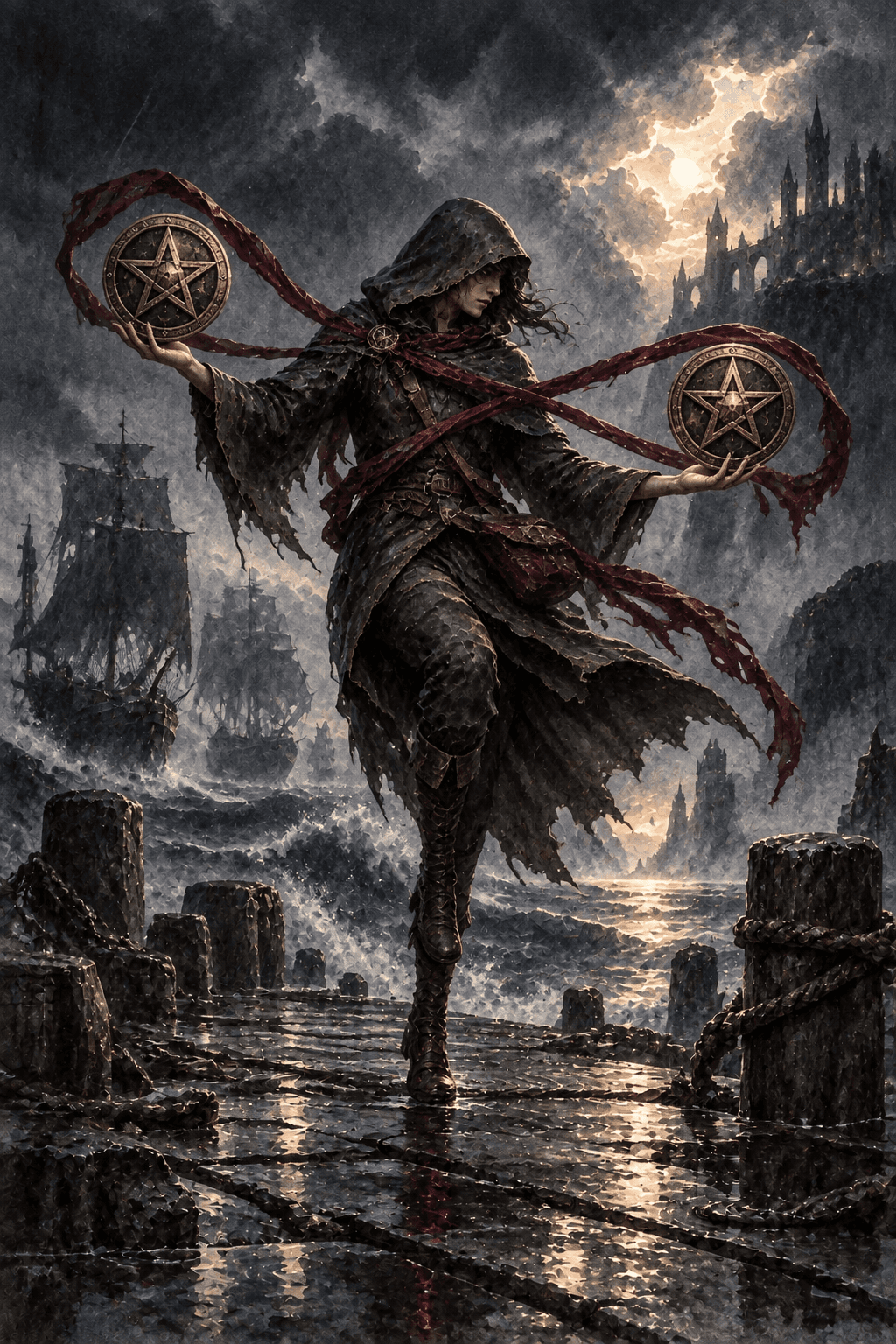 A nimble cloaked traveler balancing exactly two antique gold pentacle coins linked by a flowing infinity-shaped ribbon on a storm-battered dock, ships rising and falling behind.