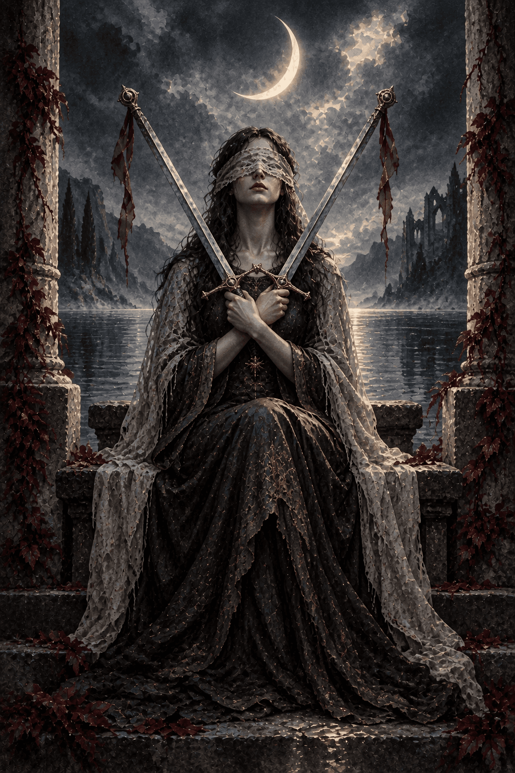 A blindfolded seated woman holding exactly two crossed silver swords before her chest, still black sea behind, thin crescent moon, balanced symmetrical composition and uneasy silence.