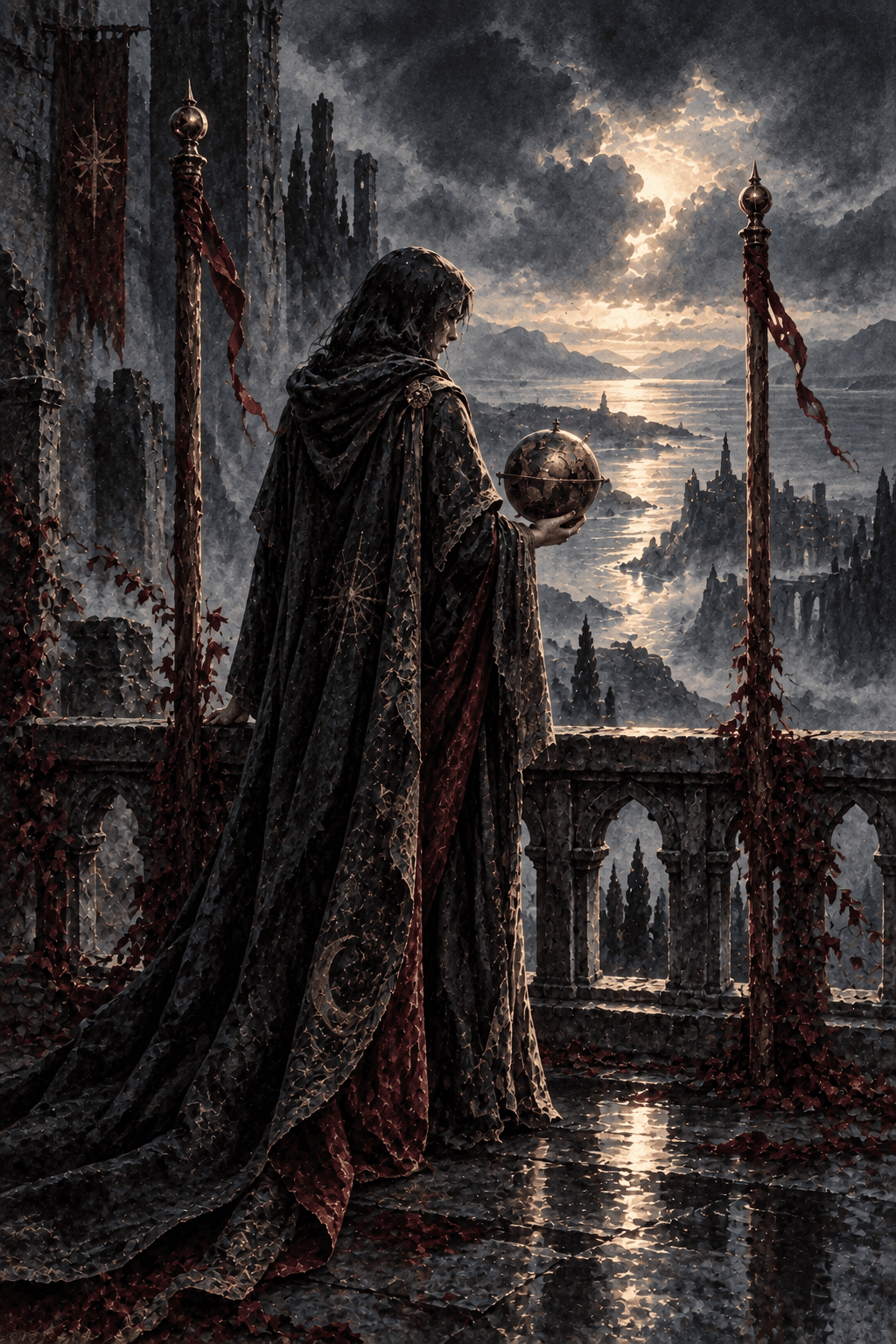 A cloaked strategist on a fortress balcony between exactly two tall wooden staffs, holding a small bronze globe while looking over a vast misty coast.