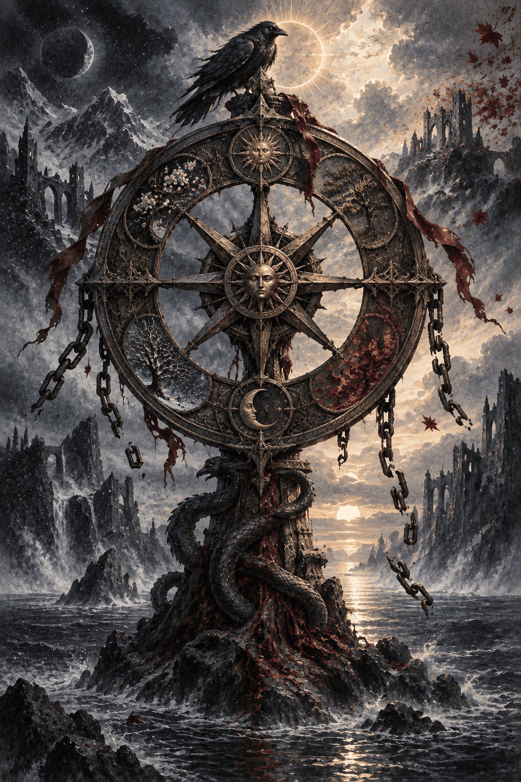 A monumental weathered bronze wheel with occult carvings turning above a dark sea, broken chains, a raven perched at the top and serpentine roots below, turning seasons in the surrounding sky.